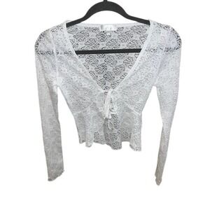 Riley & James Boho White Tie Front Lace Long Sleeve Peasant Top Size XS Romantic